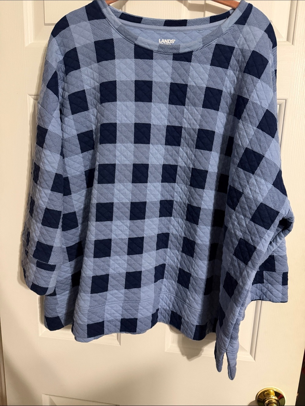 Lands' End Quilted Crewneck Sweater in Light Blue and Dark Blue Check